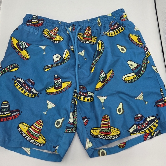 Free Planet Swim Trunk Shorts Mens Large Pockets Sombrero Print EUC - Picture 1 of 5